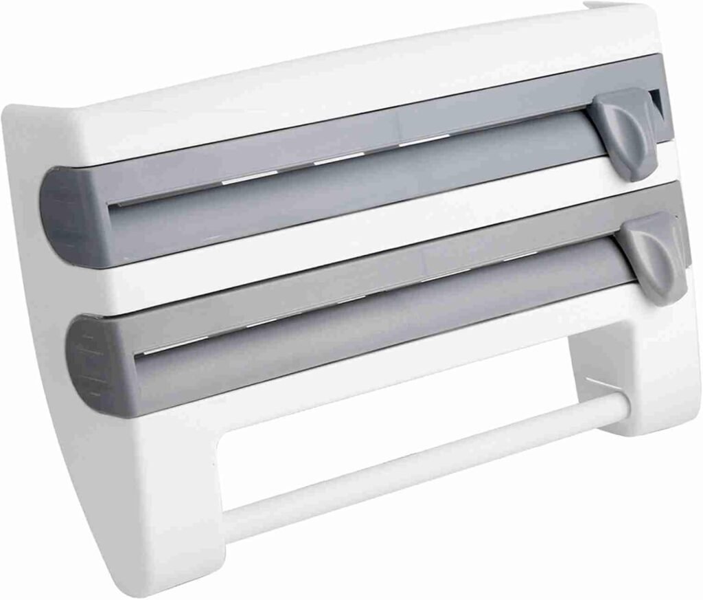 Wandhouder voor plasticfolie en keukenrol met snijbladen en opbergruimte, grijs-wit, 39 x 10 x 24 cm