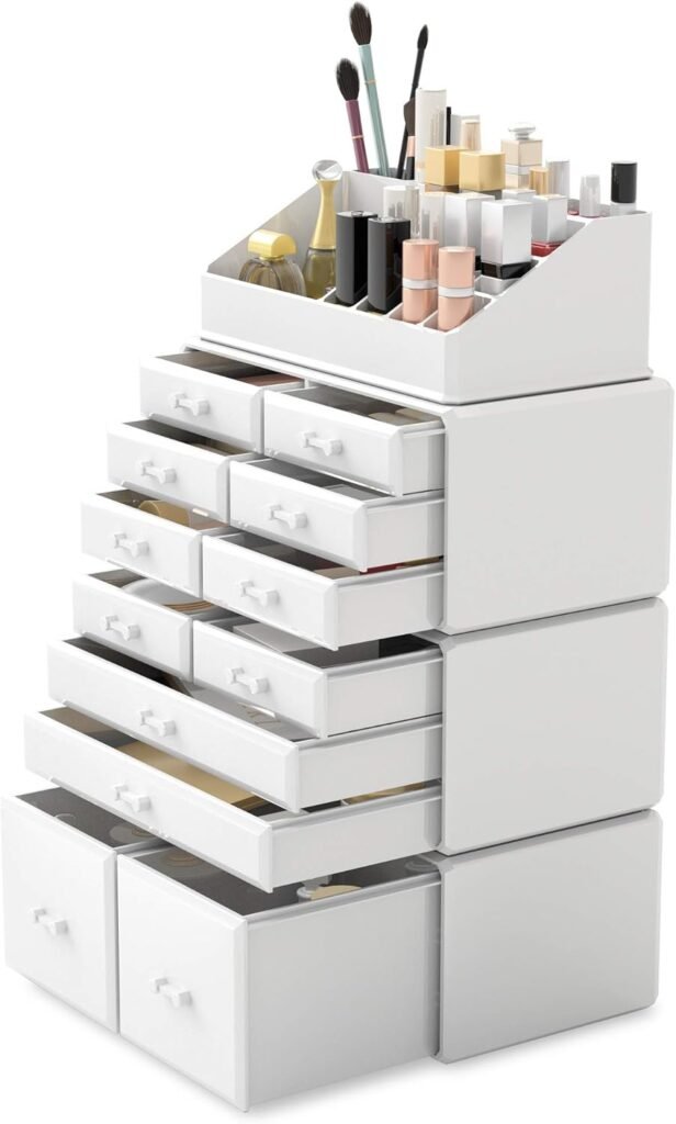 Make-up organizer met 12 opberglades in wit voor cosmetica, make-up en beautyaccessoires