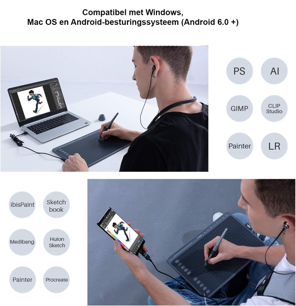 Tekentablet 10x6 inch sterrenblauw met batterijvrije stylus en multimedia toetsen