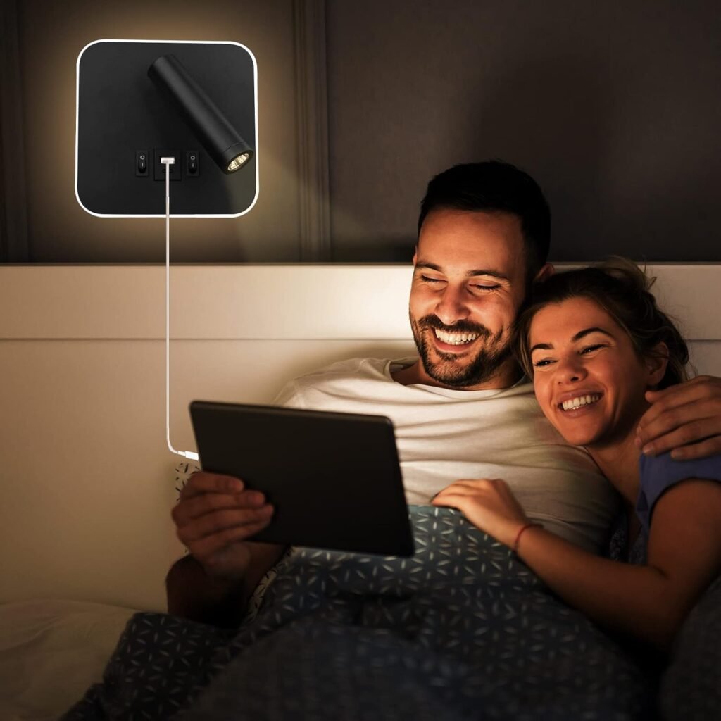 LED leeslamp wandlamp met USB Type-C, dubbele oplaadpoort, 12W LED en verstelbare 3000K spotlight, zwart vierkant aluminium