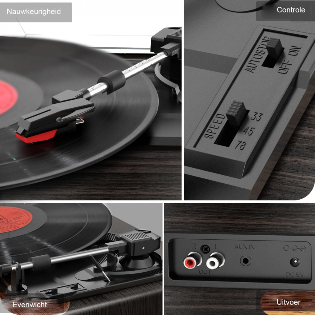 Platenspeler met ingebouwde stereo speakers, Bluetooth en retro walnoothoutdesign met 3 afspeelsnelheden van 33, 45 en 78 RPM