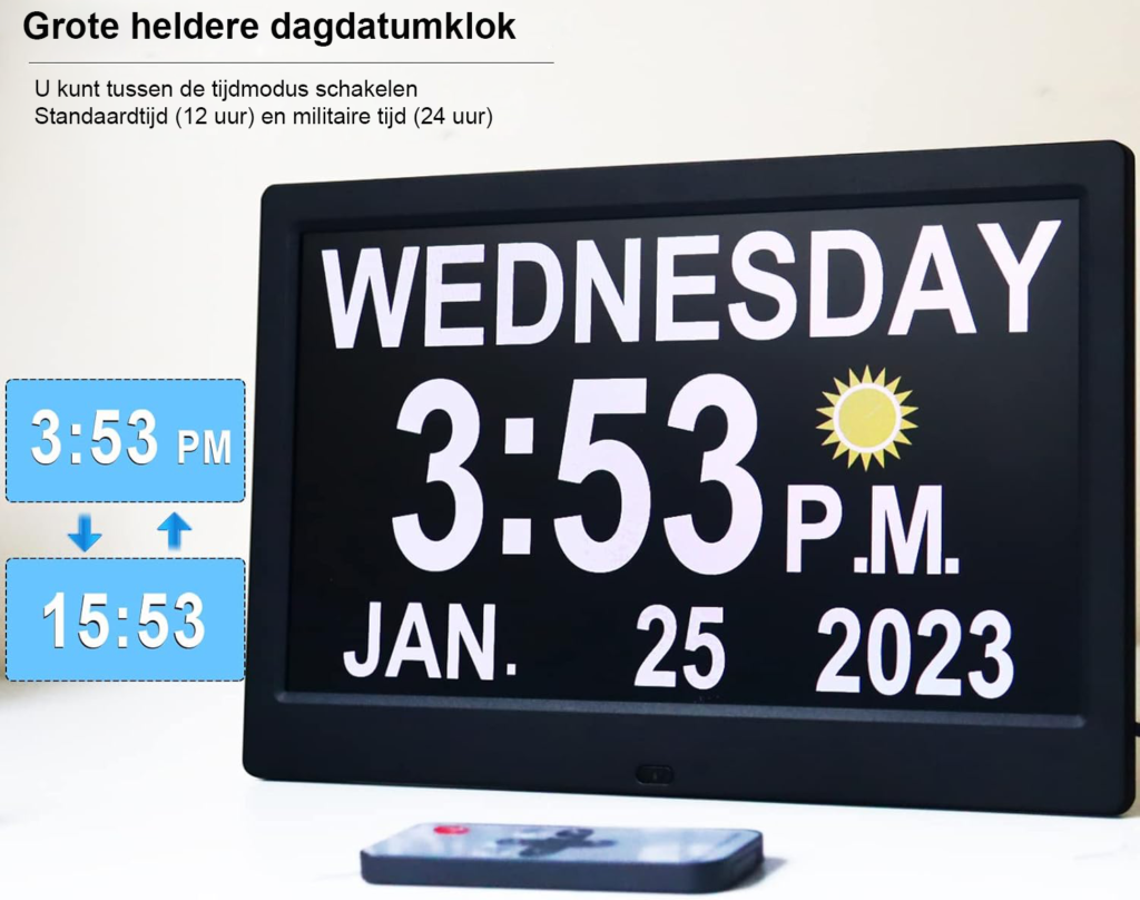 Digitale kalenderklok van 10 inch voor senioren met dag-, datum- en tijdweergave, zon- en maaniconen en instelbare herinneringen