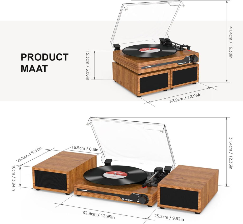 Gele vintage platenspeler met 2 stereo speakers, Bluetooth 5.3, USB en 3 afspeelsnelheden
