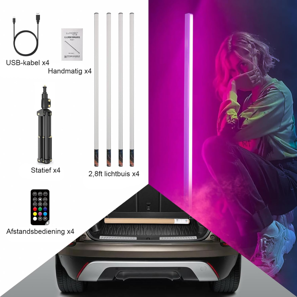 4-delige RGB LED videolichtset met uitschuifbaar statief van 120 cm, dimbare lichtstaven met ingebouwde batterij voor fotografie en streaming