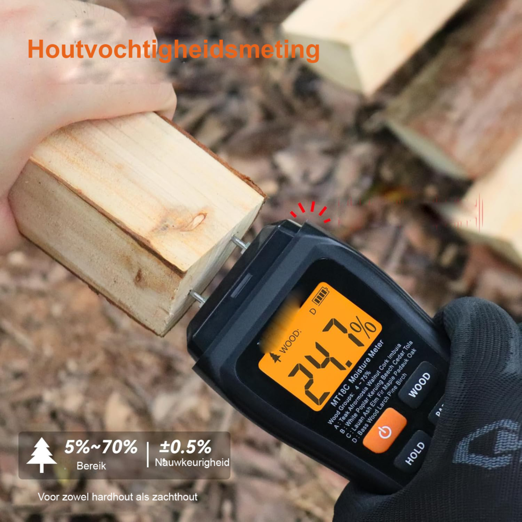 Digitale houtvochtmeter met 2 meetpennen en kleurendisplay voor hout, muren en vloeren