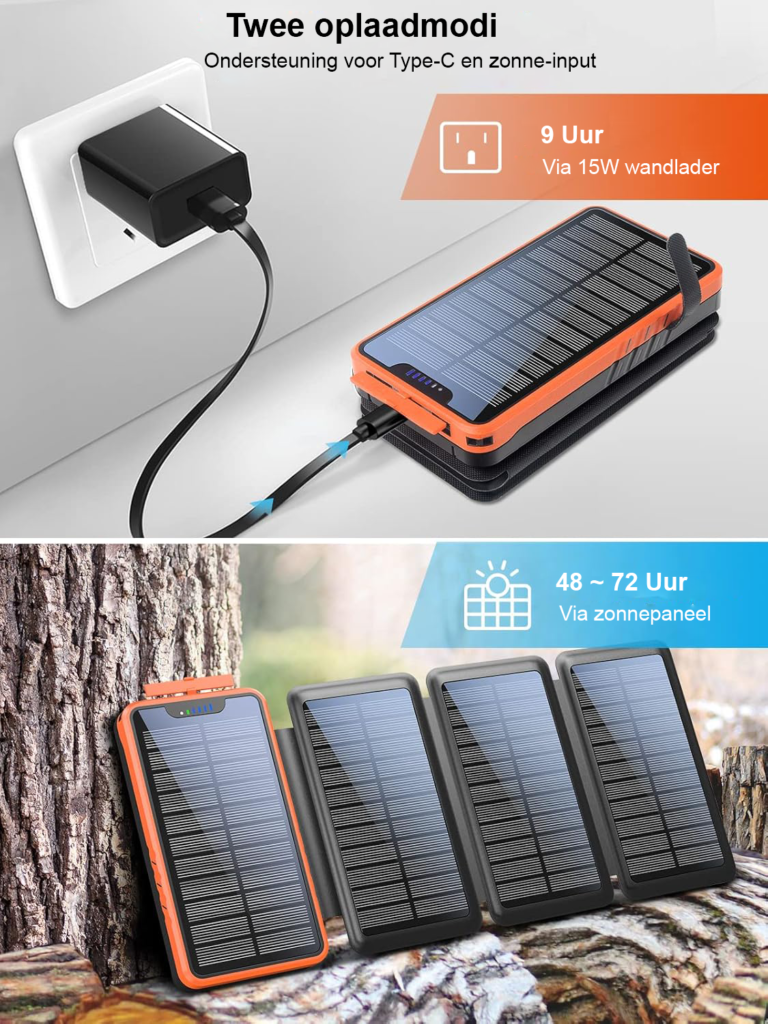 Solar powerbank 26800 mAh waterdicht met 4 zonnepanelen, USB-A, USB-C en zaklamp voor smartphones en kamperen