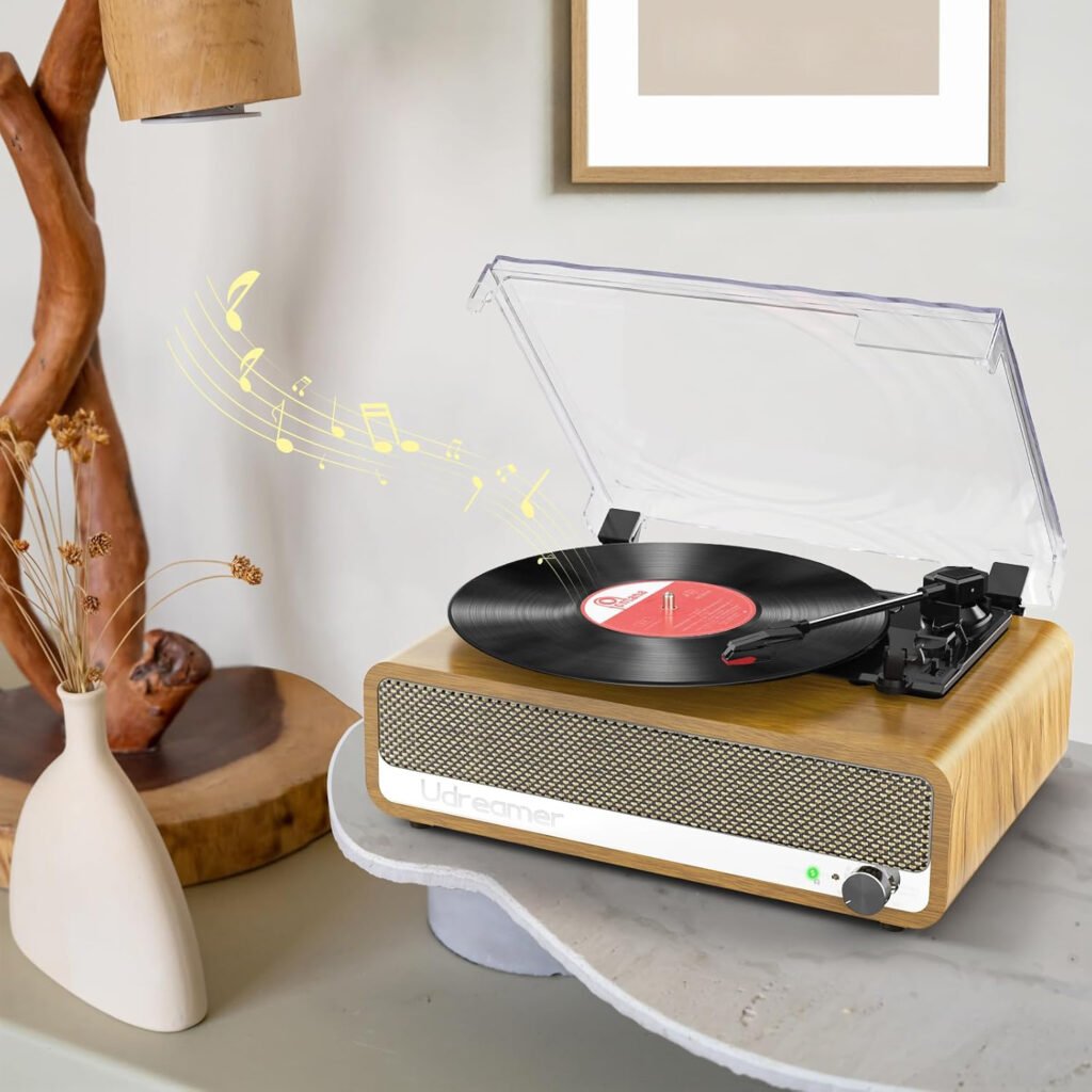 Gouden Bluetooth platenspeler met ingebouwde speakers, Bluetooth 5.3, USB, AUX en 3 snelheden