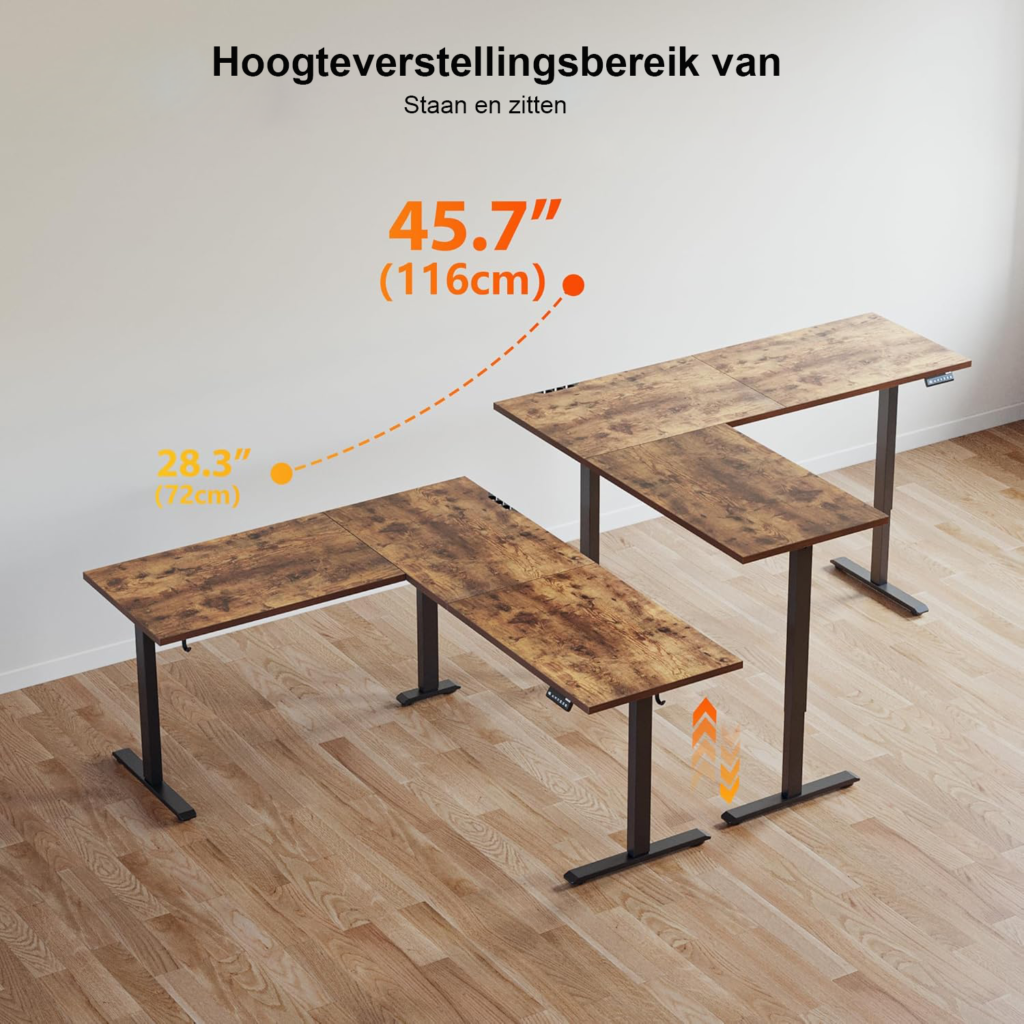 L-vormig elektrisch verstelbaar zit-sta bureau 190x155 cm in bruin, ergonomisch hoekbureau voor staand en zittend werken