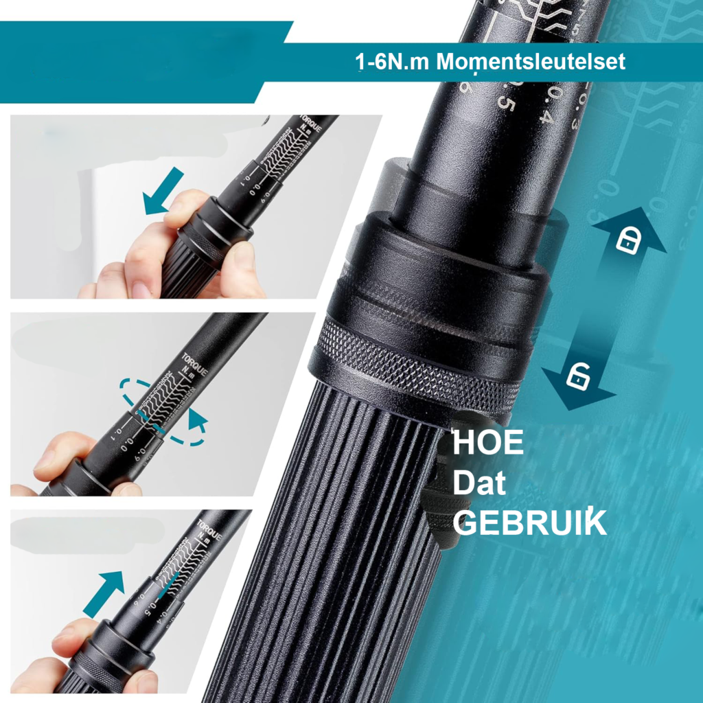 Momentsleutel 1/4 inch 5-25 Nm met zeskant- en Torx bits, dopsleutels en verlengstang voor fietsonderhoud