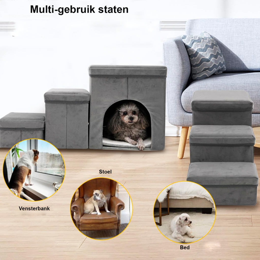 Hondentrap met 3 treden en opbergruimte, 60 cm hoog, grijs-blauwe zachte trap voor kleine honden en oudere katten