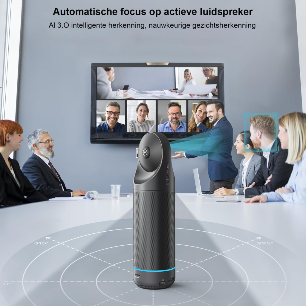360 graden vergadercamera met automatische sprekerfocus, intelligente zoom en geïntegreerde video- en audiofunctie voor vergaderruimtes