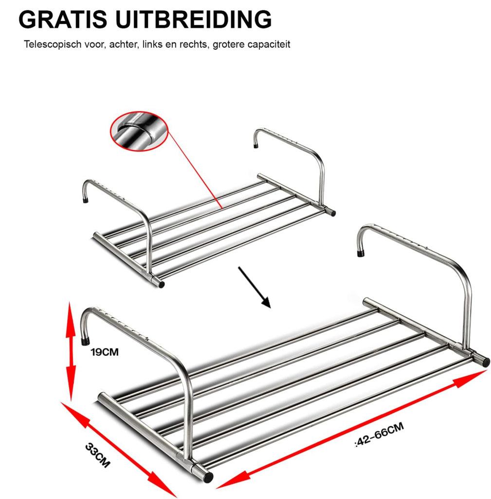Uittrekbaar roestvrijstalen droogrek voor balkon van 42-66 cm, geschikt voor handdoeken en wasgoed binnen en buiten