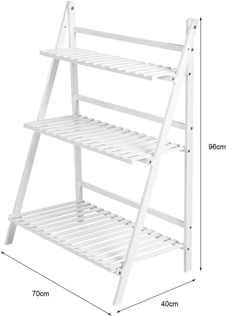 Vouwbaar plantenrek met 3 niveaus van bamboe, wit, 70 x 40 x 96 cm