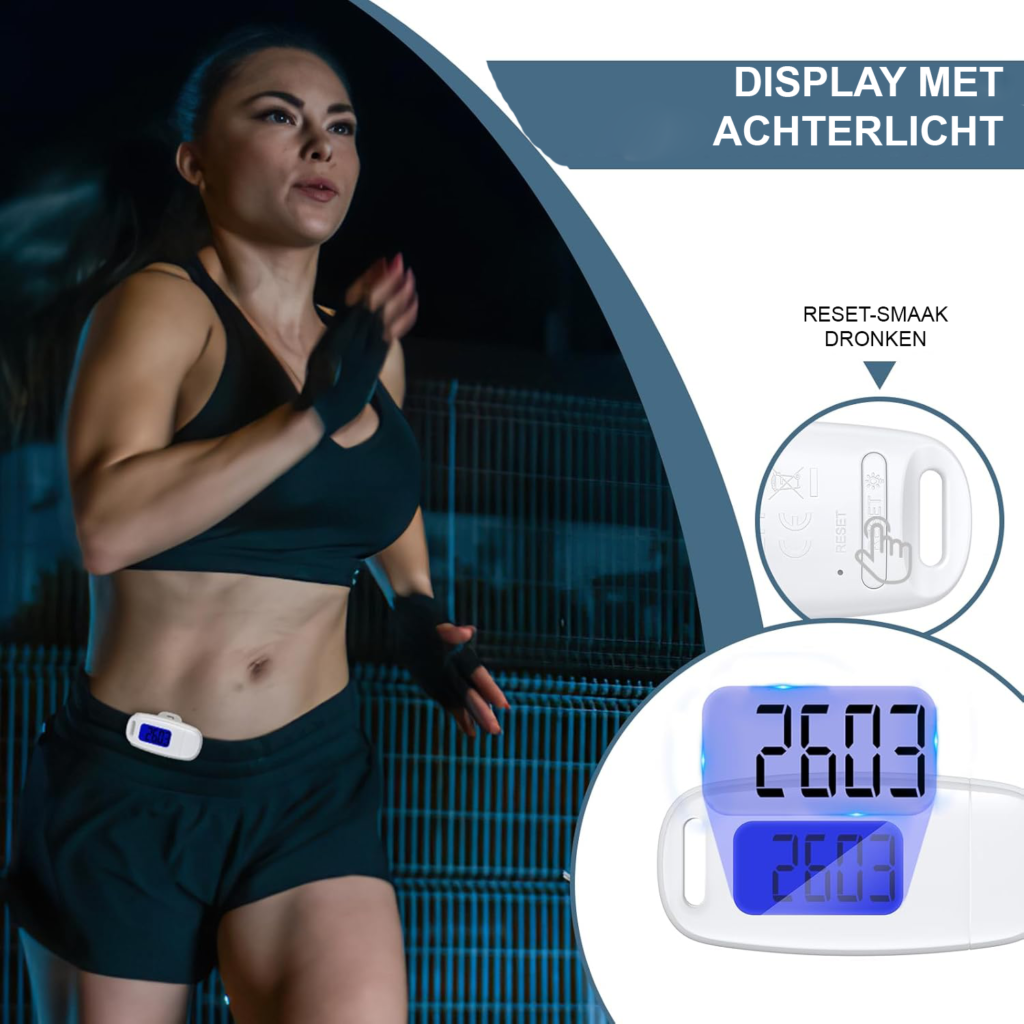 3D stappenteller met USB opladen en groot display voor wandelen, zonder app, met stappentelling en afstandsmeting