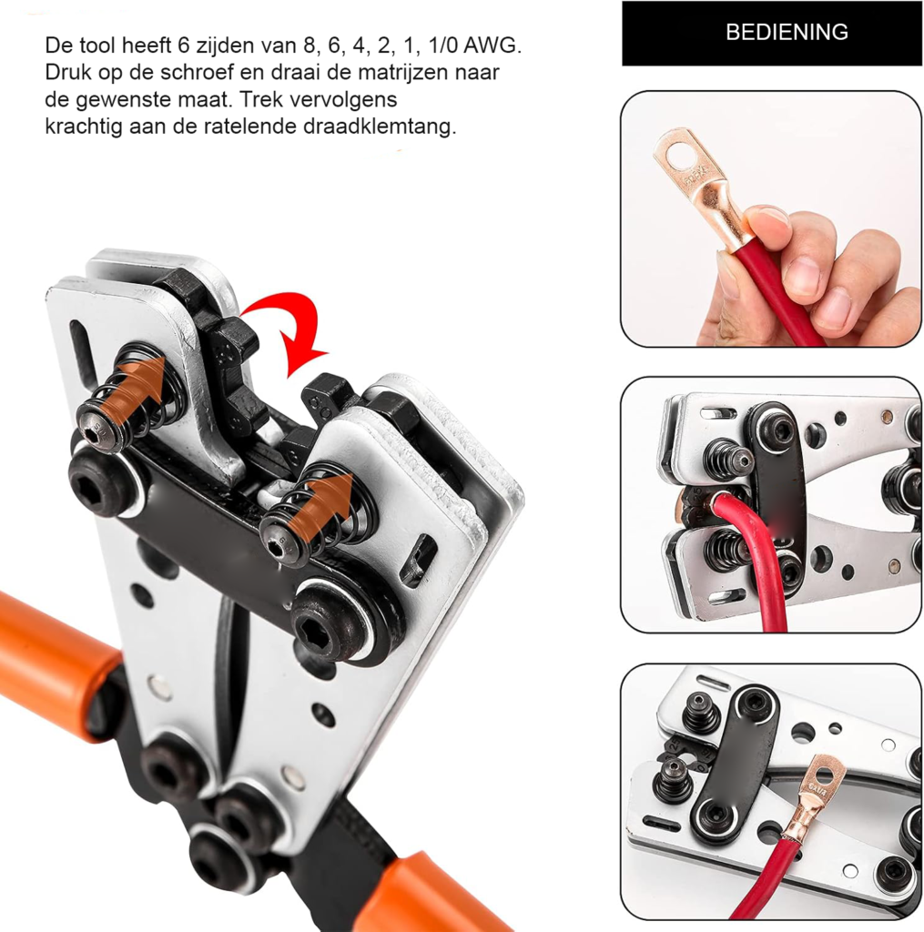 Krimptang voor kabelschoenen AWG 1/0-10 voor elektrische kabels, accuklemmen en koperen kabelschoenen