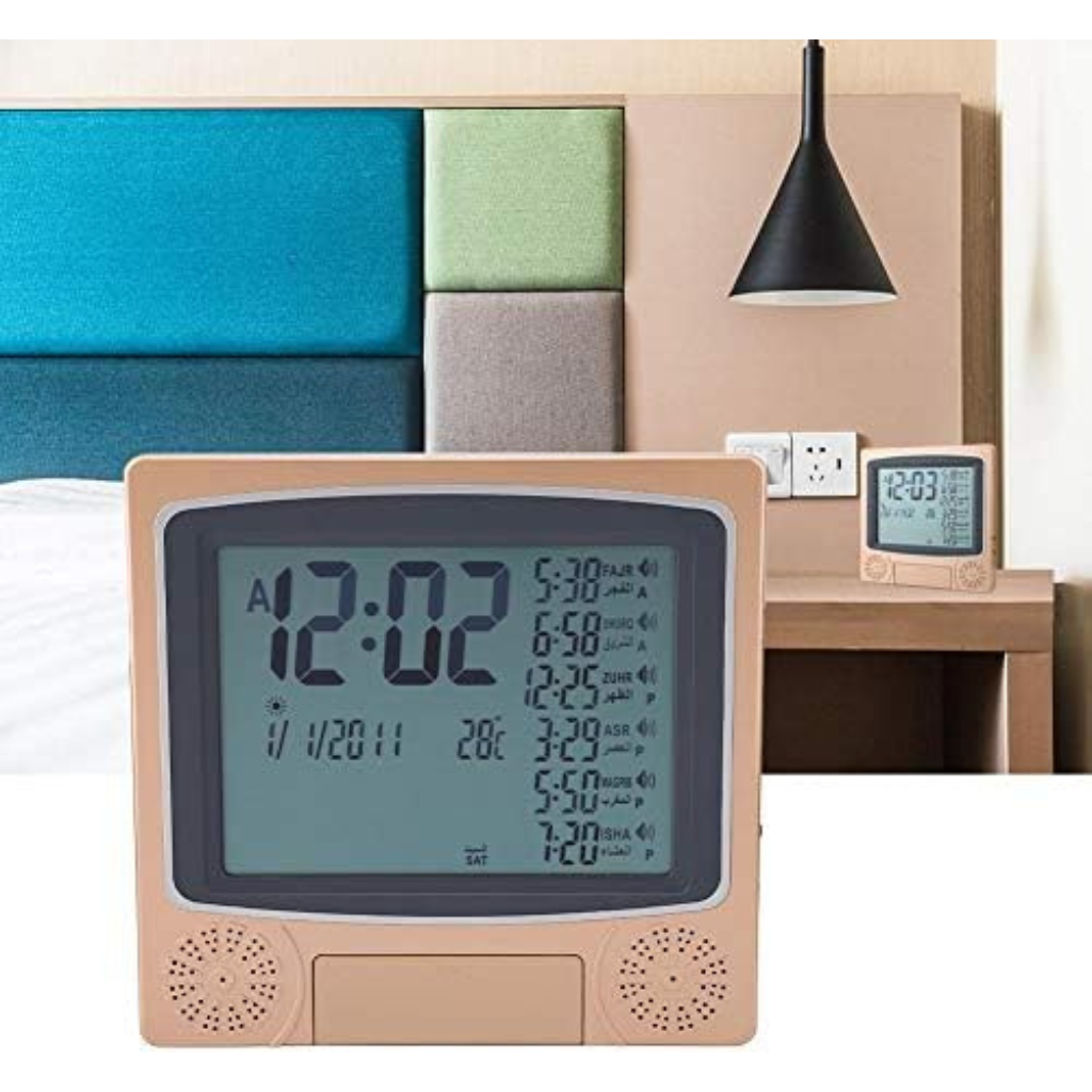 Islamitische gebedsklok met digitaal LCD-display, programmeerbare azan-alarmen, kalender en temperatuurweergave