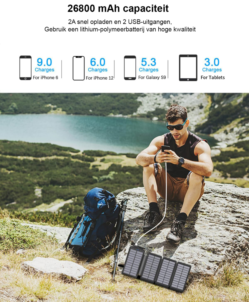 Solar powerbank 26800mAh met 4 opvouwbare zonnepanelen, USB-A en USB-C, waterdichte externe batterij met zaklamp