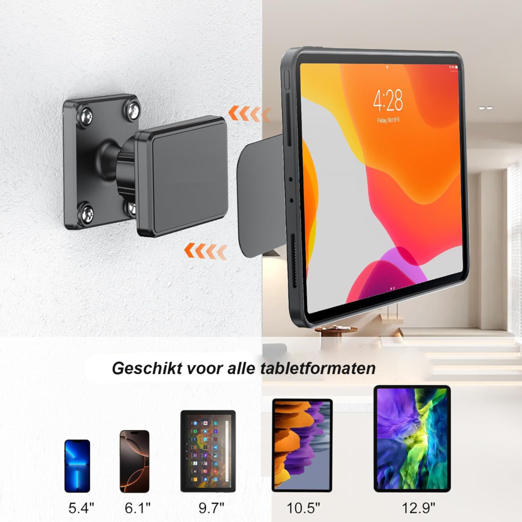 Magnetische tablethouder met 360° draaibare boorvoet voor iPad en tablet, geschikt voor wand- en kastmontage