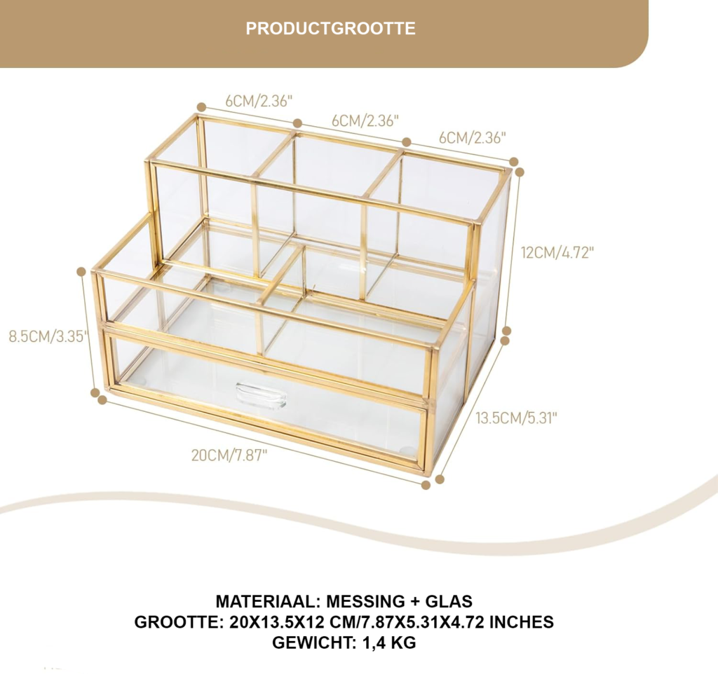 Gouden cosmetische organizer met lades van glas, make-up opberger met kwastenhouder en ruimte voor cosmetica