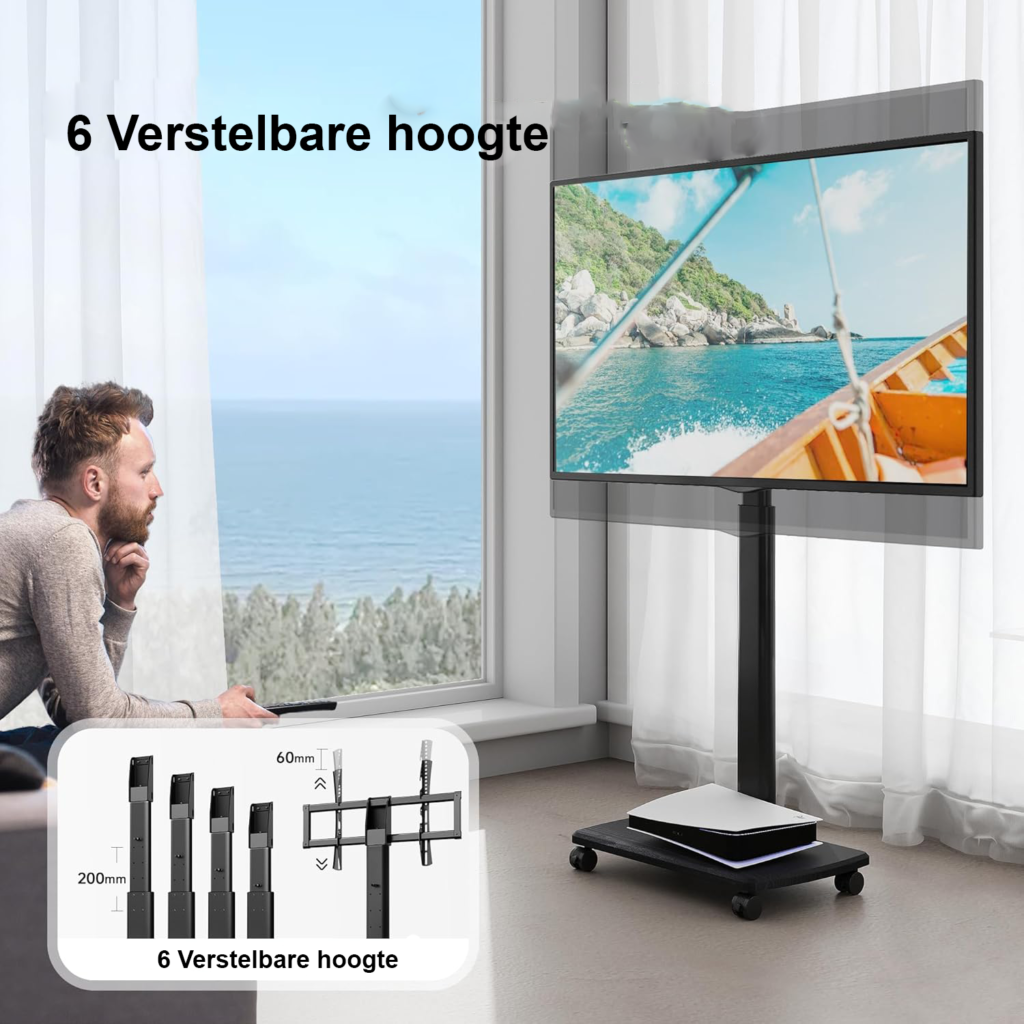 Mobiele TV standaard met houten basis, verrijdbare tv trolley met wielen voor 32-70 inch tv’s, verstelbare hoogte en draaifunctie