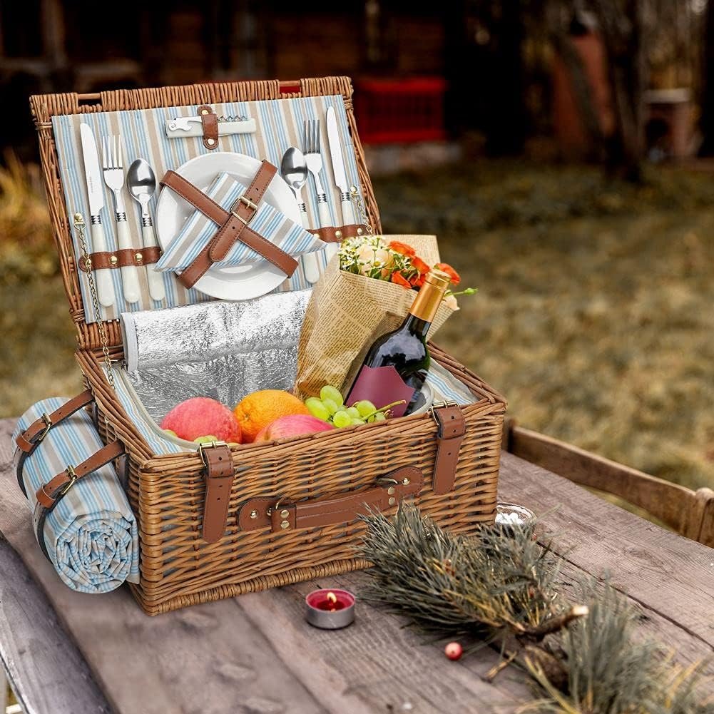 Picknickmand voor 2 personen van wilgenhout met geïsoleerd koelvak, waterdichte picknickdeken en picknickservies met bestek, borden, glazen en flesopener