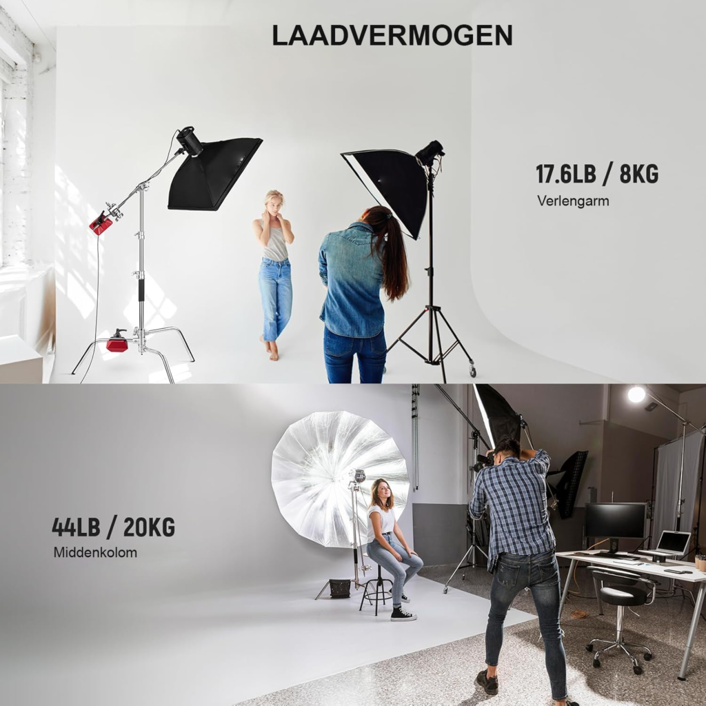 Professioneel C-stand lichtstatief van roestvrij staal, verstelbaar tot 172 cm met boomarm van 83 cm en 2 grip heads voor studioverlichting, softbox en reflector