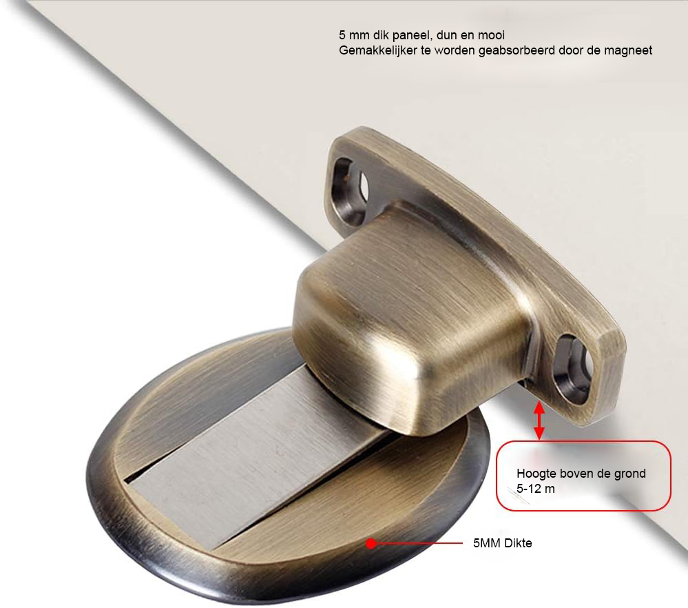 Maak kennis met onze hoogwaardige magnetische deurstopper, een innovatief product dat stijl en functionaliteit combineert. Deze deurstopper is vervaardigd uit duurzaam zinklegering en beschikt over een elegante geborstelde roestvrijstalen afwerking. Dankzij de krachtige magneten houdt deze deurstopper uw deuren veilig open zonder dat ze plotseling dichtvallen. Het is een ideale keuze voor drukke huishoudens, kantoren en commerciële ruimtes. De eenvoudige installatie met 3M zelfklevende tape of schroeven maakt het voor iedereen toegankelijk om een veilige en gebruiksvriendelijke omgeving te creëren. De deurstopper heeft een slank ontwerp van slechts 5 mm hoog, waardoor deze niet in de weg zit en tripping voorkomt. Met deze deurstopper bent u verzekerd van een betrouwbare en stijlvolle oplossing voor al uw deuren! Voordelen Kwaliteit: Gemaakt van hoogwaardig zinklegering. Krachtige magneten: Houdt de deur stevig open. Eenvoudige installatie: Geen boren vereist. Duurzaam: Anti-corrosie en roestbestendig. Slank ontwerp: Voorkomt tripping. Flexibiliteit: Te installeren met of zonder schroeven. Hoogwaardige constructie De deurstopper is gemaakt van zinklegering, wat zorgt voor een stevige en duurzame constructie. Deze keuze van materiaal garandeert dat de deurstopper bestand is tegen dagelijkse slijtage en intensief gebruik. De geborstelde roestvrijstalen afwerking geeft niet alleen een moderne uitstraling, maar beschermt ook tegen roest en corrosie. Hierdoor blijft de deurstopper er langdurig als nieuw uitzien, zelfs in vochtige omgevingen. Dit maakt het een ideale keuze voor zowel thuisgebruik als in commerciële ruimtes. Met deze deurstopper investeert u in kwaliteit die jaren meegaat. Krachtige magneten Dankzij de krachtige magneten blijft de deur veilig open, waardoor u handen vrij heeft om andere taken uit te voeren. Het gemak waarmee u de deur kunt openen en sluiten zonder deze met kracht te hoeven duwen, verhoogt het gebruiksgemak aanzienlijk. Bij het sluiten van de deur kunt u deze eenvoudig van de stop contact maken door deze lichtjes weg te trekken. Dit voorkomt dat de deur plotseling dichtvalt, wat letsel of schade aan de deur kan veroorzaken. De krachtige magneten bieden een betrouwbare en veilige oplossing voor elk type deur. Eenvoudige installatie De deurstopper wordt geleverd met een 3M zelfklevende tape die eenvoudig te gebruiken is. Dit betekent dat u geen gereedschap nodig heeft en geen gaten in uw muren of vloeren hoeft te boren. De tape biedt extra sterkte en duurzaamheid, zodat u verzekerd bent van een stevige bevestiging. Als u de voorkeur geeft aan een meer permanente oplossing, zijn er ook schroeven bijgevoegd voor installatie. Volg eenvoudig de bijgeleverde instructies om de deurstopper in enkele minuten te installeren. Dit maakt het perfect voor iedereen, ongeacht technische vaardigheden. Slank ontwerp Met een hoogte van slechts 5 mm is deze deurstopper ontworpen om discreet te zijn. Het minimalistische ontwerp voorkomt dat u of uw gasten struikelen of zich verwonden. Dit is vooral belangrijk in drukke huishoudens of commerciële omgevingen waar veiligheid voorop staat. De slanke constructie maakt het ook gemakkelijker om de deurstopper in verschillende interieurs te integreren. U hoeft zich geen zorgen te maken over lelijke, opvallende accessoires, want deze deurstopper voegt een vleugje elegantie toe aan uw ruimte. Verpakking Inhoud 2 x Sterke Magnetische Deurstoppers 3M Zelfklevende Tape Schroeven voor installatie Installatiehandleiding Product Specificaties Materiaal: Zinklegering met geborstelde roestvrijstalen afwerking Hoogte: 5 mm Aantal: 2 stuks per verpakking Kleur: Brons Installatie: 3M zelfklevend of met schroeven Kies voor de sterke magnetische deurstopper en geniet van een veilige en stijlvolle oplossing voor al uw deuren! Bestel nu en ervaar het gemak zelf!
