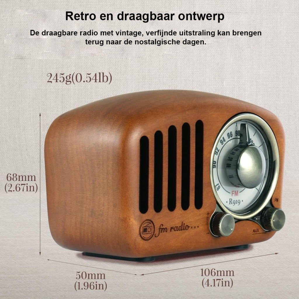 Draagbare retro houten FM-radio in kersenhoutlook met Bluetooth, MP3-speler, SD-kaart en AUX-aansluiting