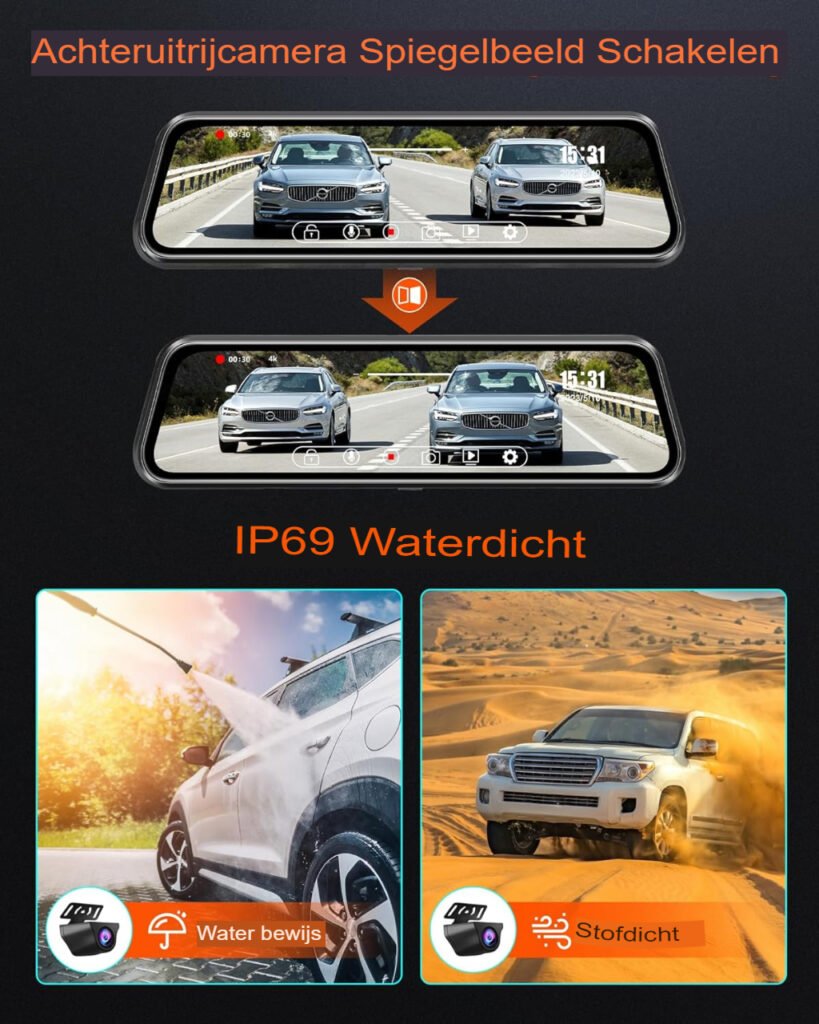 Spiegel dashcam met achteruitrijcamera, IPS-touchscreen, nachtzicht en loopopname voor de auto