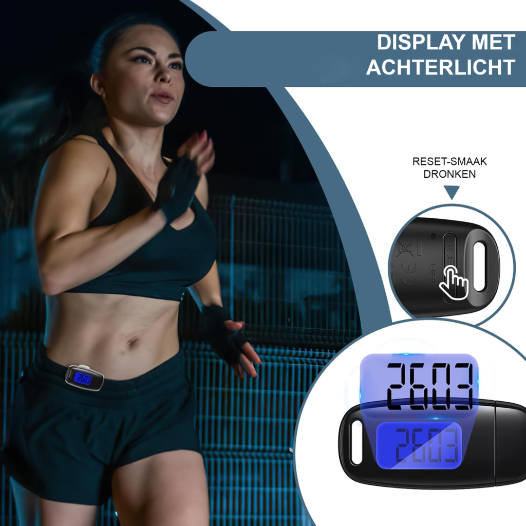 3D stappenteller met USB-oplaadfunctie en groot display voor wandelen zonder app