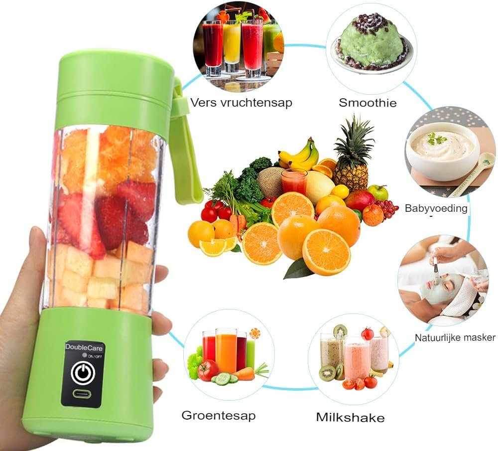 Draagbare USB-blender 380 ml groen met 6 messen voor smoothies en shakes