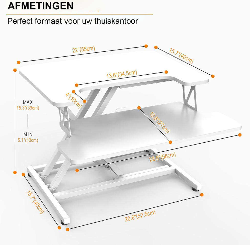 In hoogte verstelbaar staand bureau 55 x 40 cm met toetsenbordplank, ergonomisch computerwerkstation