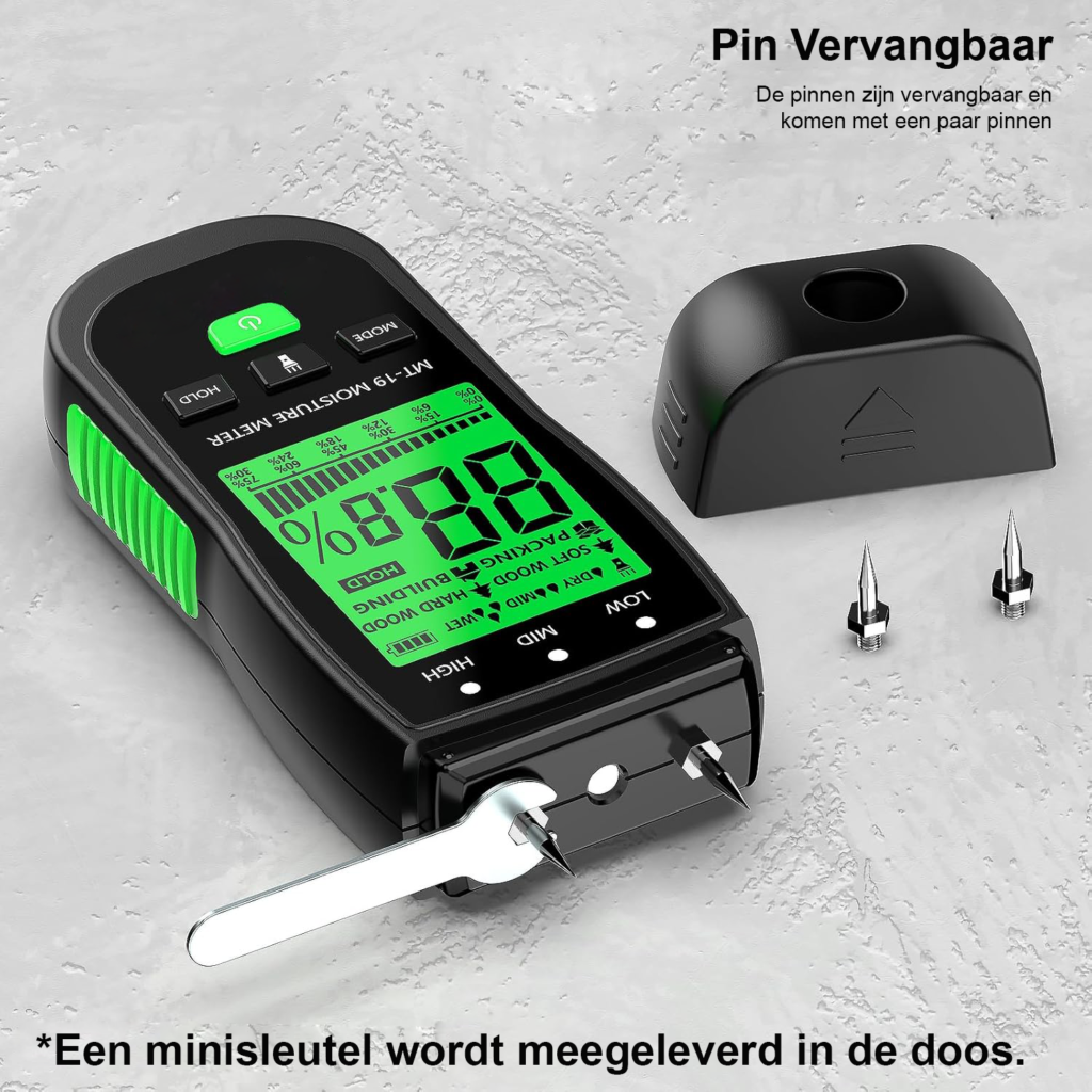 Vochtmeter voor hout, muren en bouwmaterialen voor het meten van vocht in haardhout, vloeren en wanden