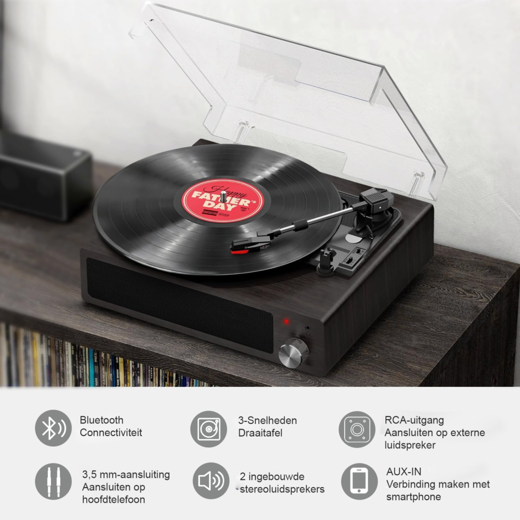 Platenspeler met ingebouwde stereo speakers, Bluetooth en retro walnoothoutdesign met 3 afspeelsnelheden van 33, 45 en 78 RPM