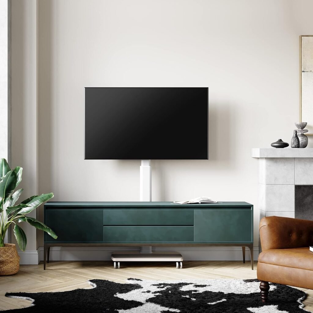 Verrijdbare witte tv standaard met houten basis voor 32-70 inch tv, draaibaar en in hoogte verstelbaar, met wielen en VESA 600x400 mm