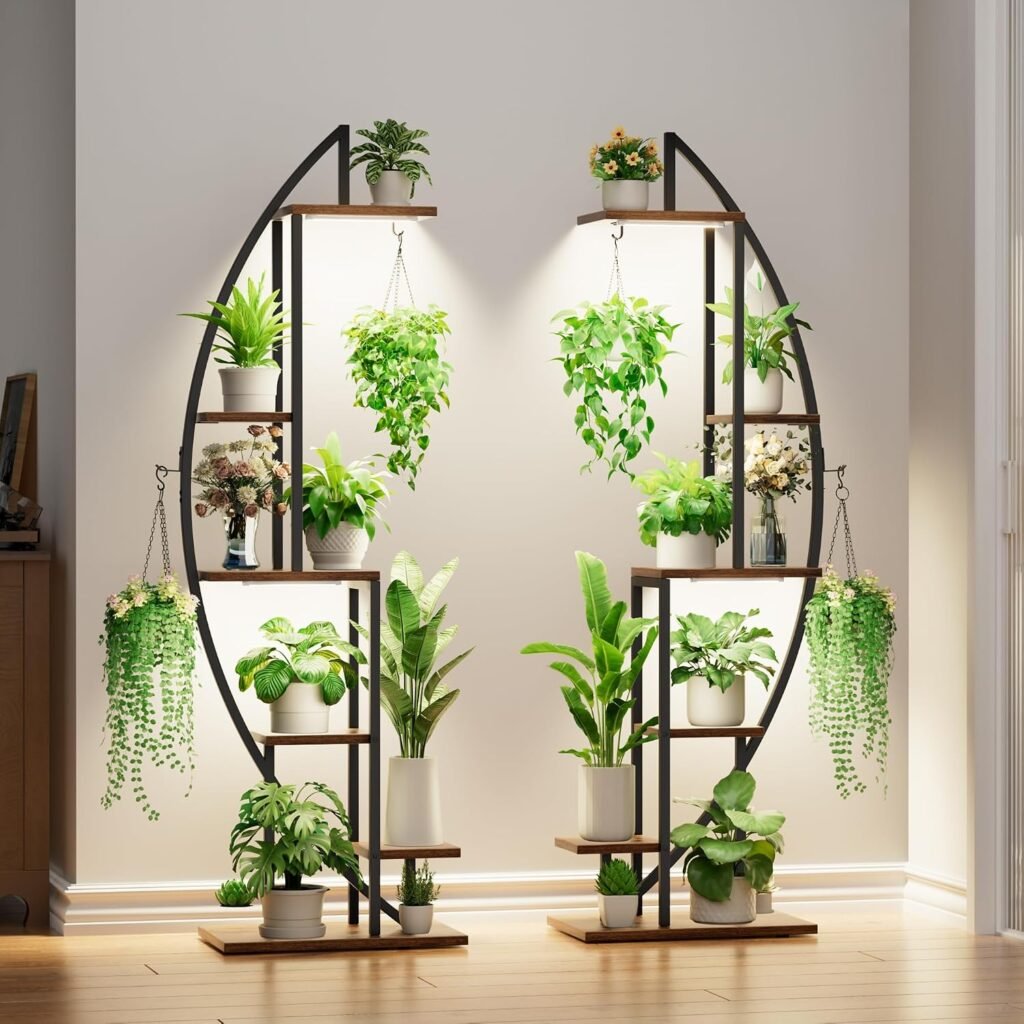 Plantenrek met groeilampen, 6-laags metalen plantenstandaard van 160 cm, halvemaanvormig voor binnen, set van 2 stuks