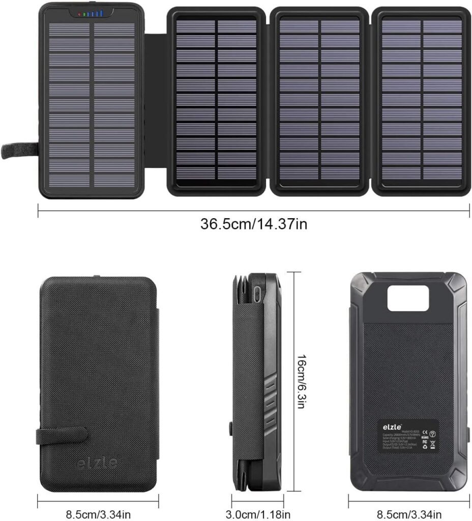 Solar powerbank 26800mAh met 4 opvouwbare zonnepanelen, USB-A en USB-C, waterdichte externe batterij met zaklamp