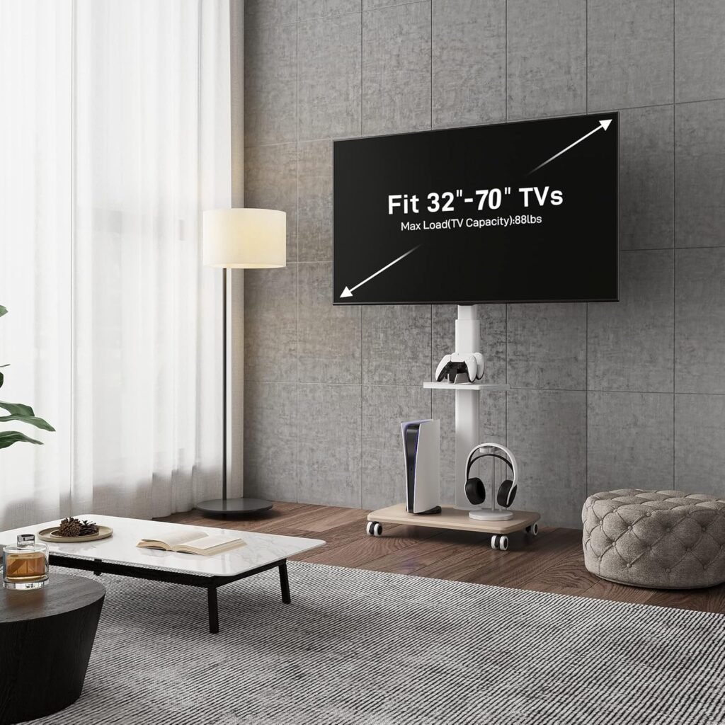 Mobiele TV Standaard op Wielen - Draaibare TV Trolley met Verstelbare Hoogte - Voor 32-70 Inch Televisies - Wit met Houten Voet en VESA 600x400 mm