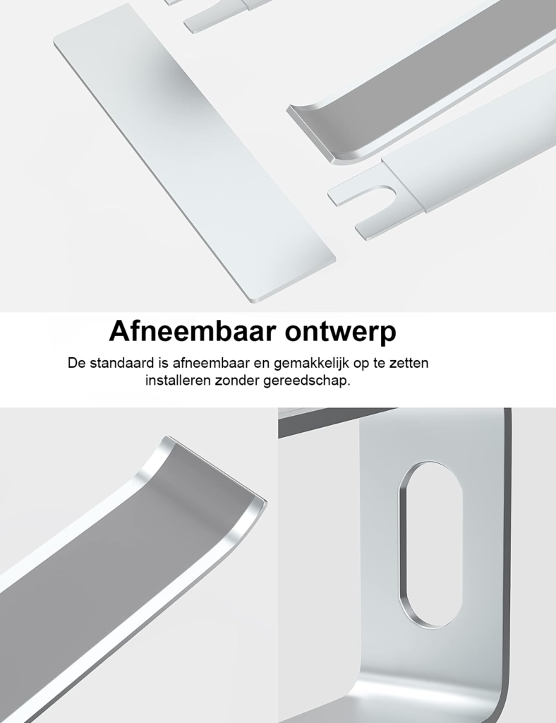 Ergonomische laptopstandaard van aluminium voor bureau, geschikt voor laptops van 10 tot 15,6 inch, zilver