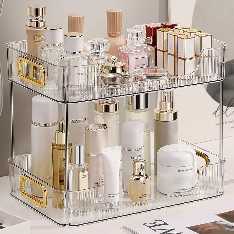 Transparante badkamer organizer met 2 lagen voor make-up, cosmetica en huidverzorging op de wastafel