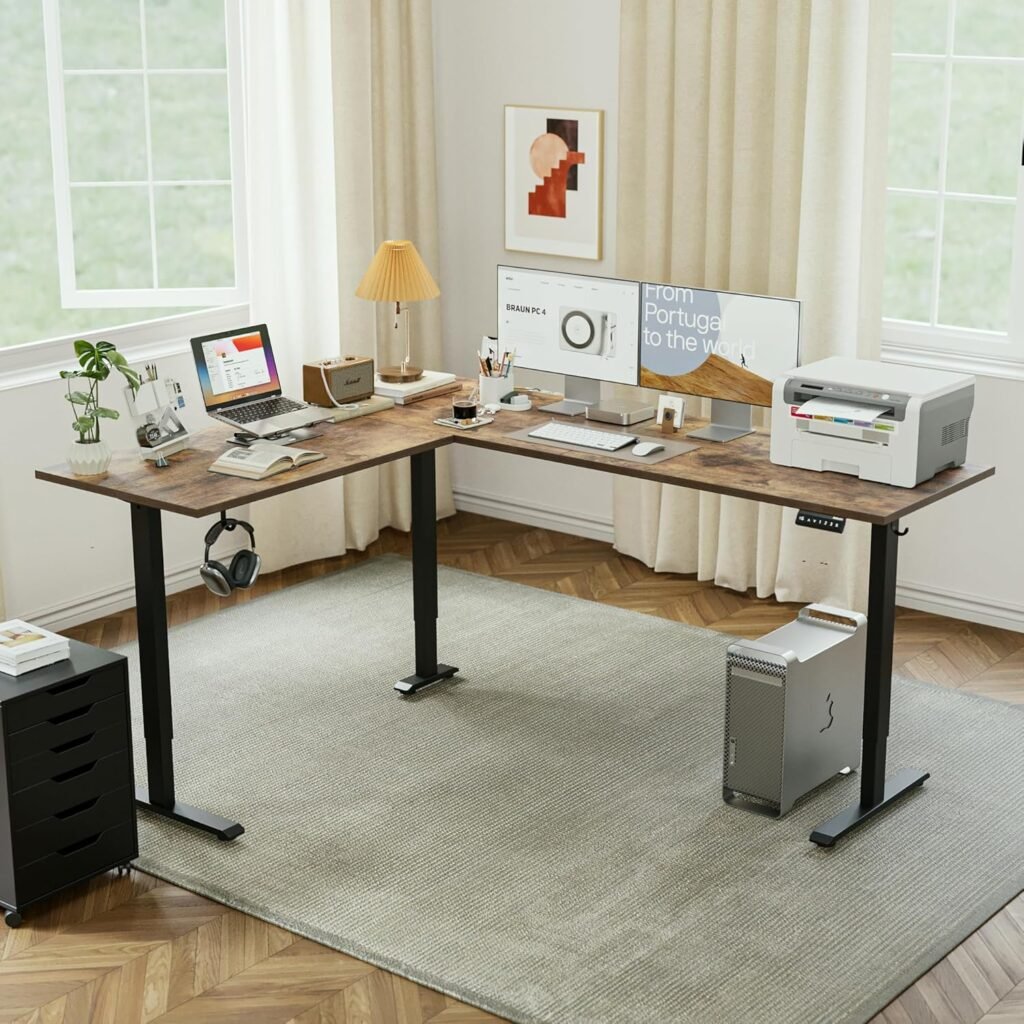 L-vormig elektrisch verstelbaar zit-sta bureau 190x155 cm in bruin, ergonomisch hoekbureau voor staand en zittend werken