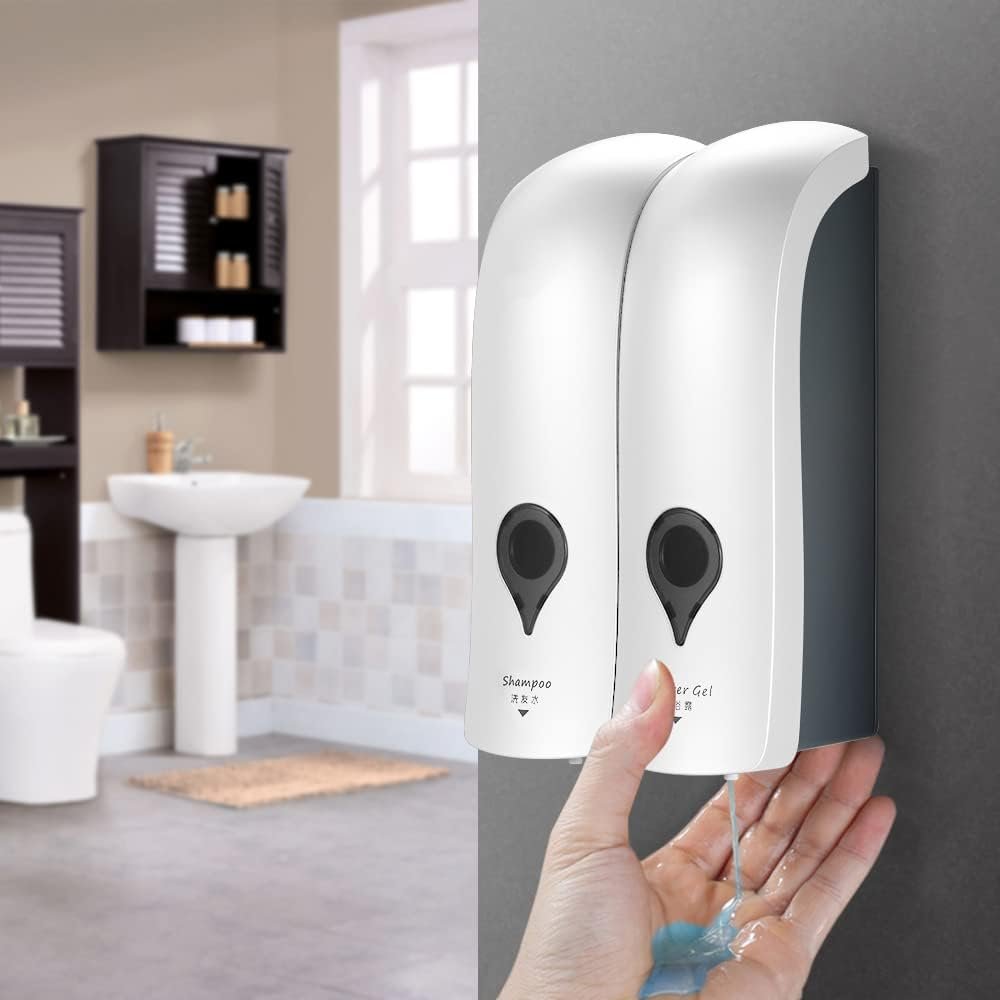 Witte wandmontage zeepdispenser met 2 reservoirs van 300 ml voor shampoo, zeep en douchegel, zonder boren