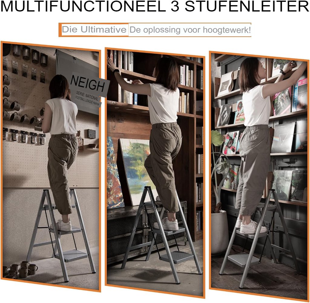 Inklapbare vouwladder en opstapkruk in zilvergrijs, huishoudladder van 6 x 92 cm