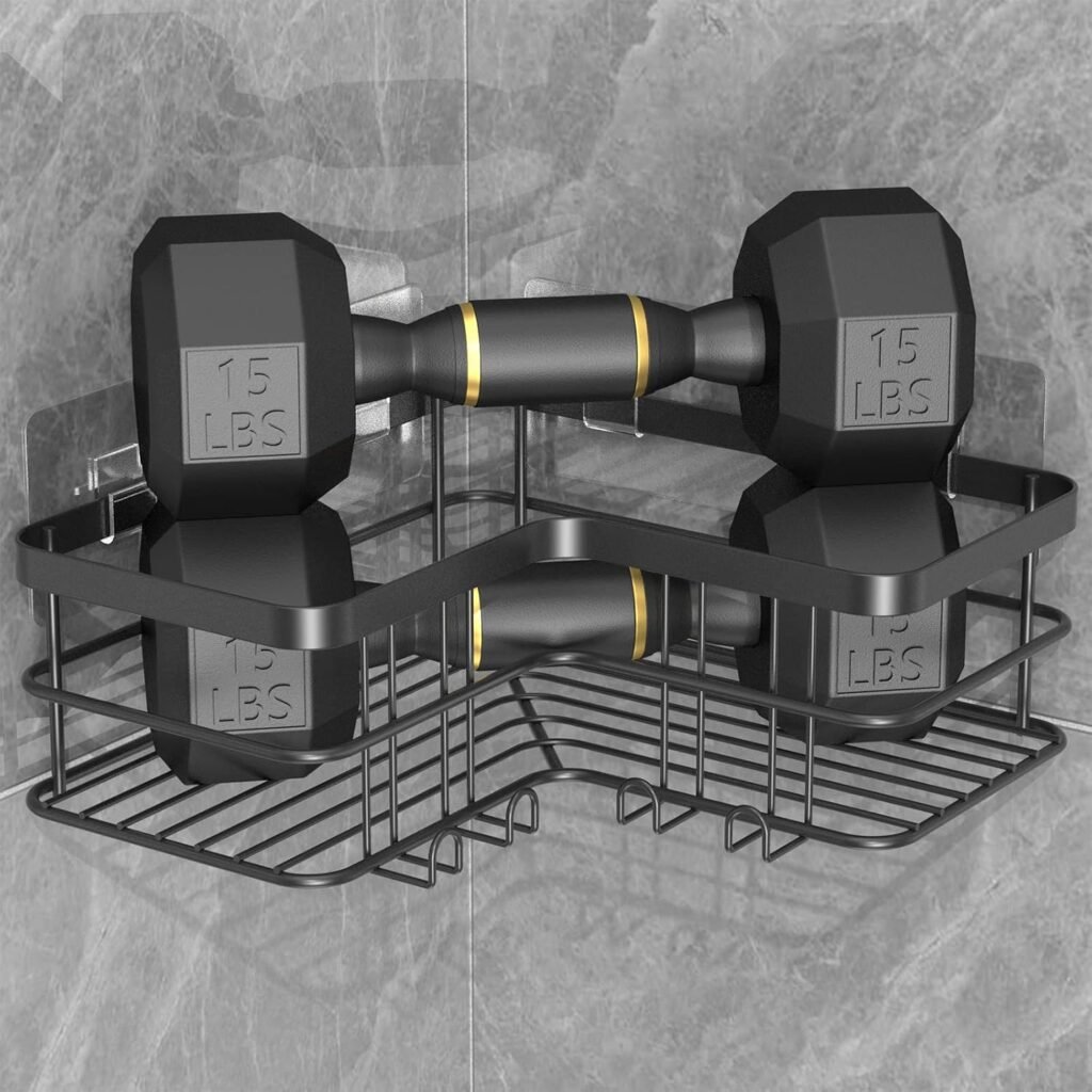 Hoek douche caddy set van 2 zwart met zelfklevende RVS doucheplanken en 8 haken