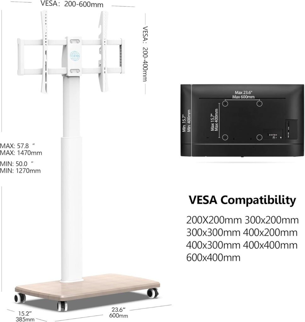 Verrijdbare TV Standaard met Houten Basis - Universele TV Vloerstandaard op Wielen - Draaibaar en in Hoogte Verstelbaar - Geschikt voor 32-70 Inch TV, VESA 600x400 mm, Wit