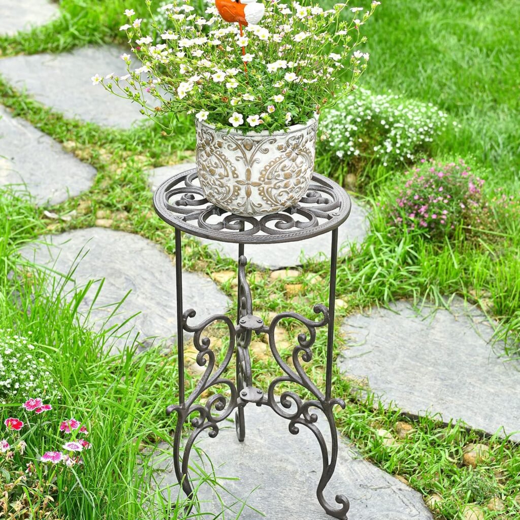 Gietijzeren plantenstandaard van 49,4 cm hoog in vintage rustieke stijl voor binnen en buiten