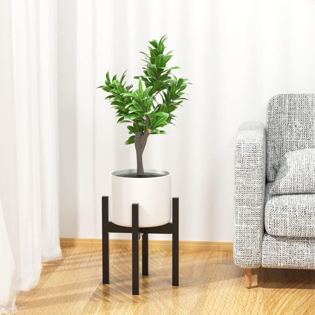 Zwarte metalen plantenstandaard in mid-century stijl voor bloempot van 20,5 cm, geschikt voor binnen en buiten