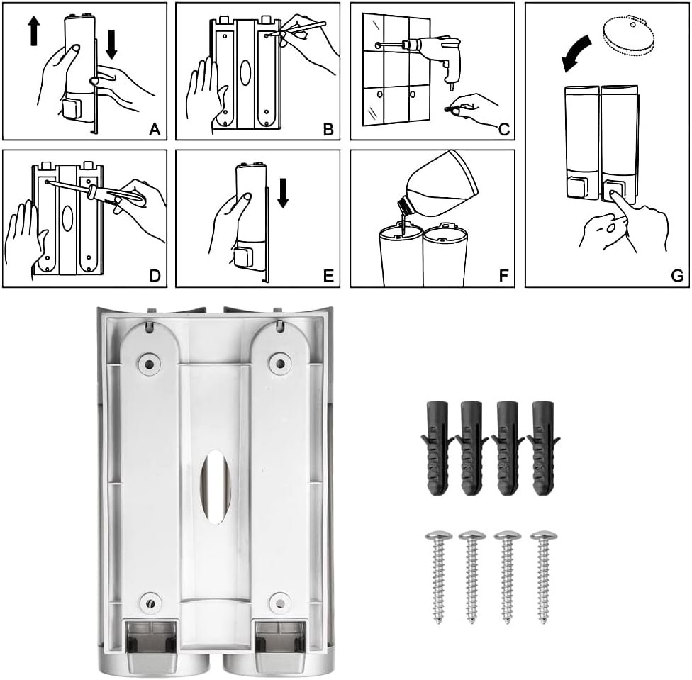 Dubbele zeepdispenser voor wandmontage met 2 reservoirs van 200 ml voor shampoo, zeep en douchegel