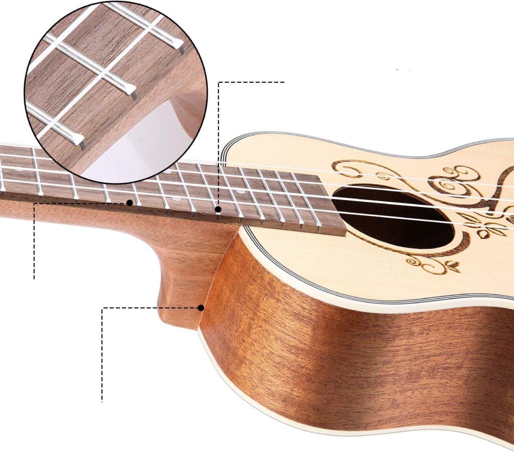 Concert ukelele 23 inch van sparren- en mahoniehout met bloemen gravure en accessoires voor beginners