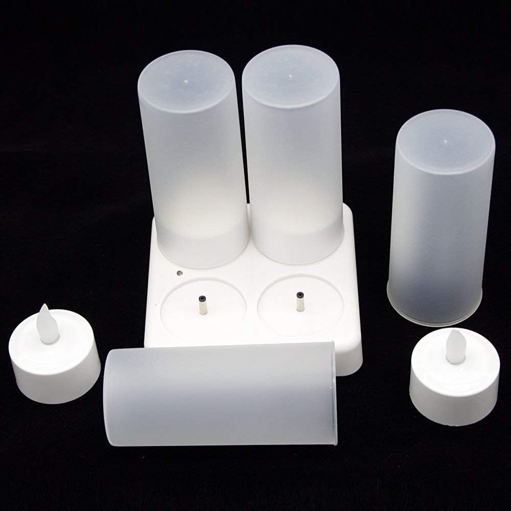 Set van 4 oplaadbare LED theelichtjes met flikkerend gele vlam en oplaadbasis voor sfeerverlichting